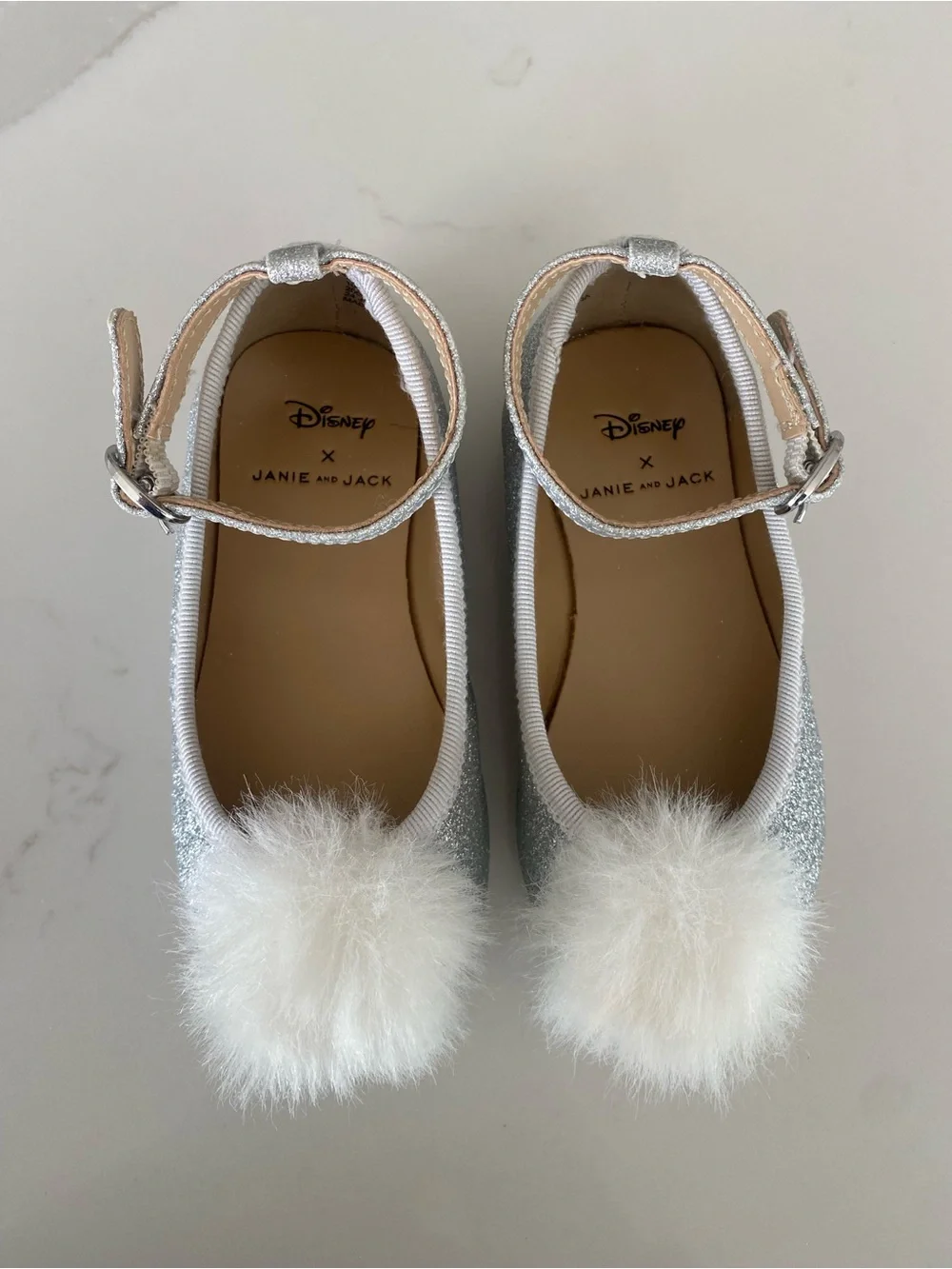 Disney Janie and Jack Frozen Elsa Silver Glitter Pom Ballet Flats Ankle Strap 6
